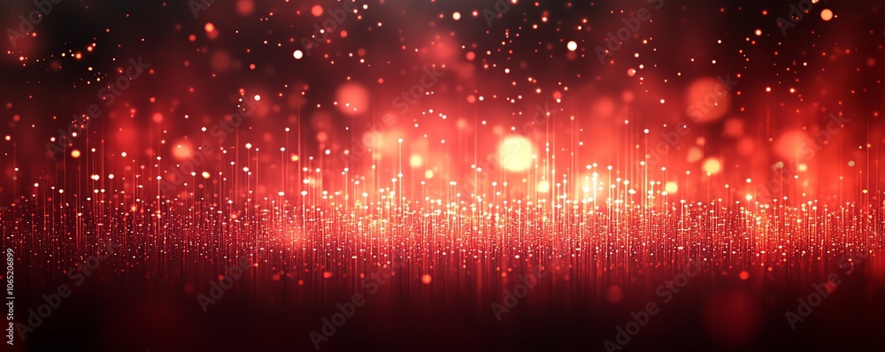 Poster vibrant abstract technology backdrop with glowing red binary data particles and bokeh lights