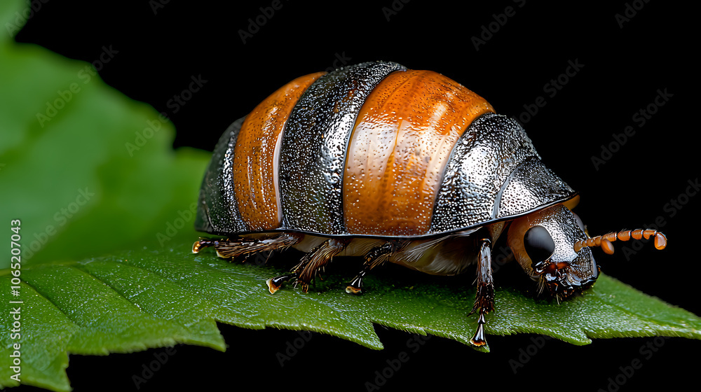 Aufkleber capture the intricate beauty of a metallic beetle shell in macro shot against a soft leaf background
