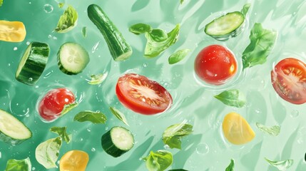 Floating vegetable salad ingredients on a green background, evoking freshness and vitality