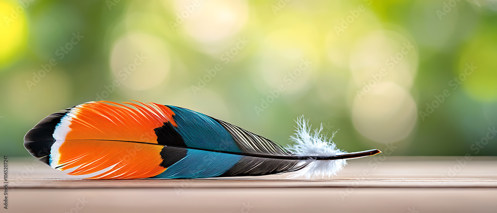 Poster explore the intricate patterns of a macro shot of a colorful bird feather against a soft background