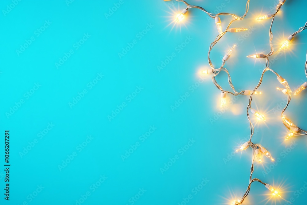 Aufkleber christmas lights string glowing on blue background with copy space for your text