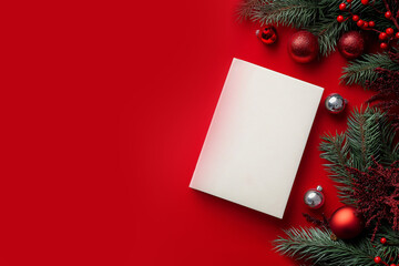 White book mockup lying on red surface with Christmas decoration like fir branches and Christmas baubles, Christmas themed mockup