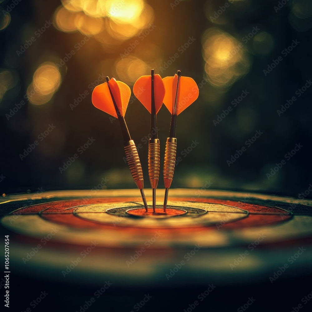 Poster three darts perfectly hitting the target on a dartboard, with a bokeh background of warm colors.