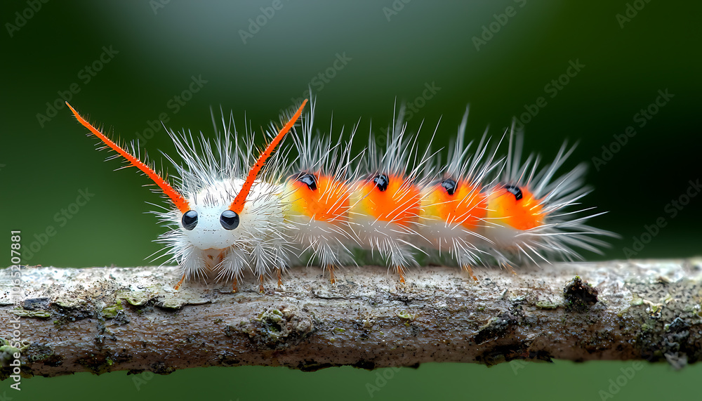 Aufkleber explore the intricate details of a macro shot featuring a colorful caterpillar on a branch against a