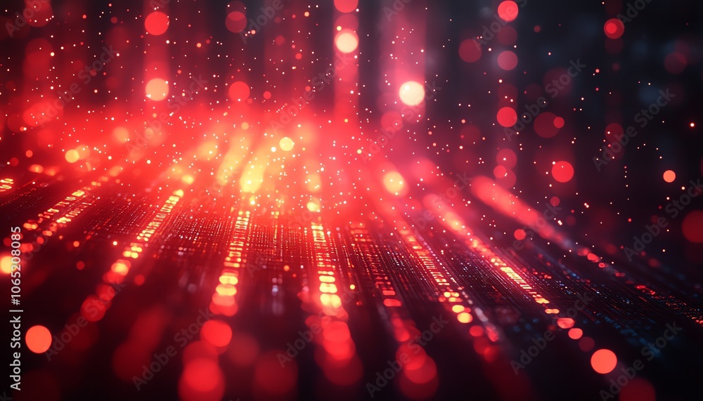 Poster vivid abstract technology background with sparkling red code particles and bokeh lights, creating a 