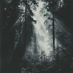 Obraz premium Dense misty forest with tall trees and negative space between branches, capturing light and shadow interplay.
