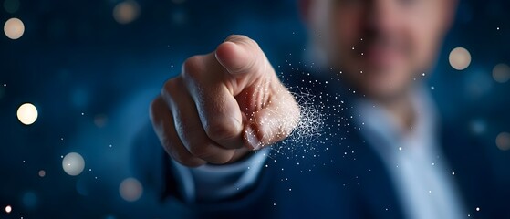 Businessman s fingertip pointing at a polygonal hand icon surrounded by soft bokeh lights on a dark blue background symbolizing transformation innovation and future progress in the business world