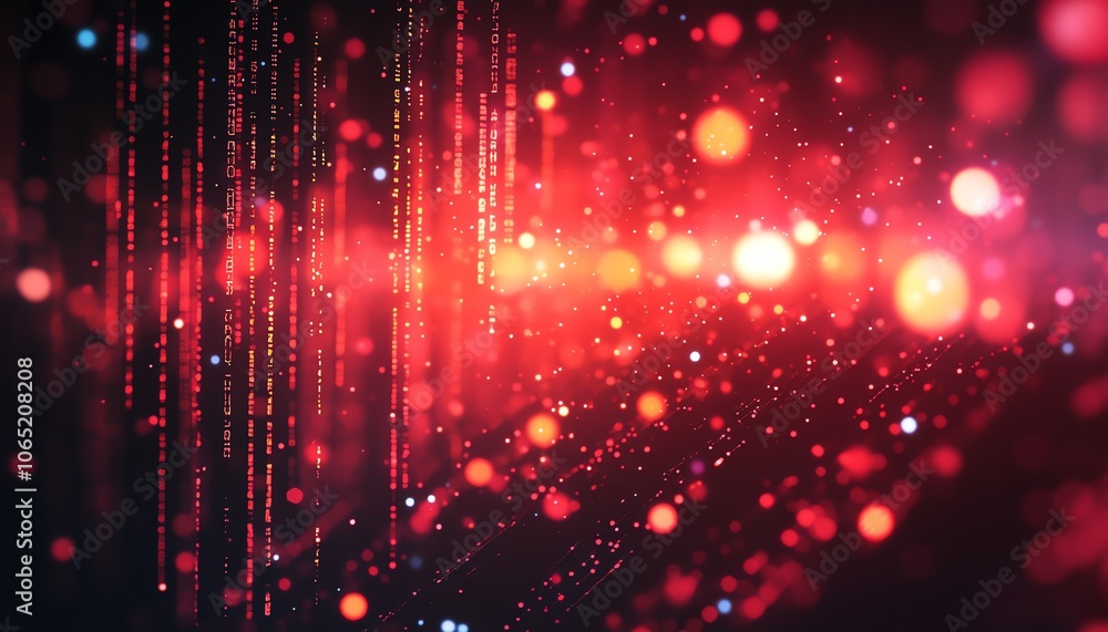 Poster vivid abstract technology background with sparkling red code particles and bokeh lights, creating a 