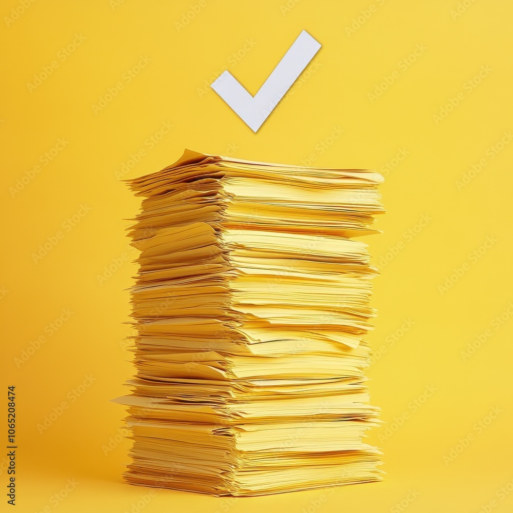 Poster stack of yellow paper documents with a check mark on a vibrant yellow background.