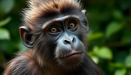 Close-up photograph of a male bonobo with distinct facial features, showing detailed fur texture and expressive eyes, captured in natural habitat with blu