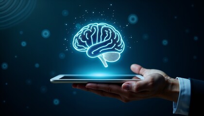 A glowing digital brain hologram hovers above a tablet held by a hand, symbolizing advanced technology, artificial intelligence, and innovation in a futuristic setting.

