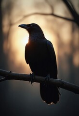 Fototapeta premium Silhouette of a crow perched on a branch against a blurred background