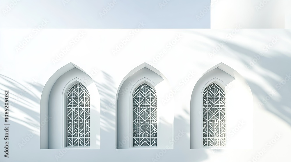 Poster minimalist white wall with unique window patterns, elegant building design and copy space above