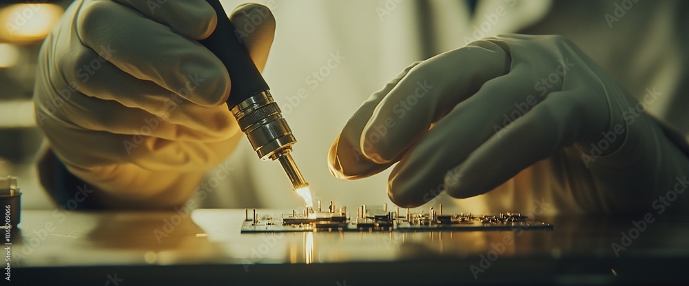 Poster Close-up of gloved hands soldering a circuit board with a soldering iron.