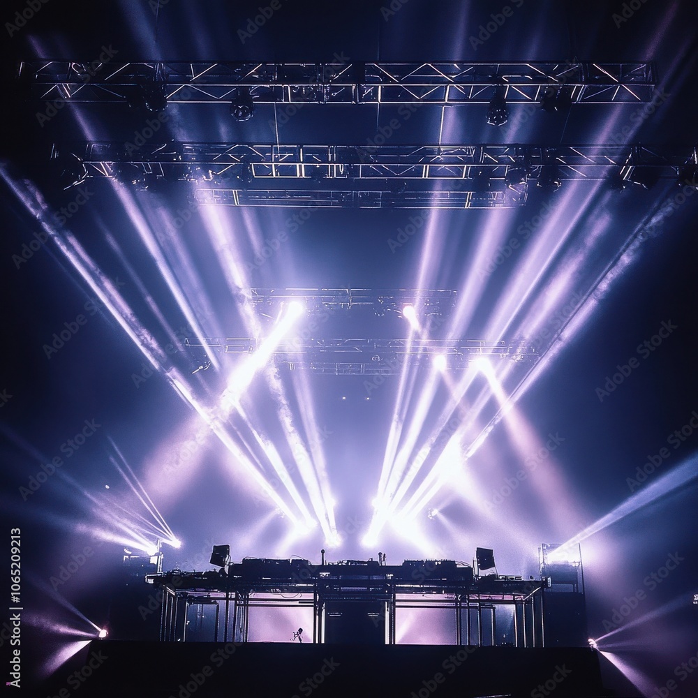 Poster dynamic stage setup with bright lights and fog effects creating an electrifying atmosphere for a liv
