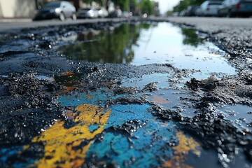Fototapeta premium A Puddle Reflecting Defocused Cars on a Cracked Asphalt Road