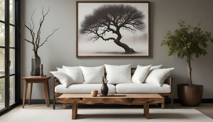 A large, twisted tree with bare branches silhouetted against a hazy, overcast sky, framed and hanging on a cozy living room wall with a white sofa and wooden coffee table.