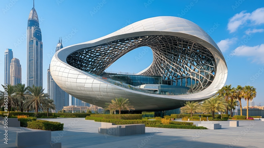 Poster modern architecture with unique helix shape in dubai, ample copy space above