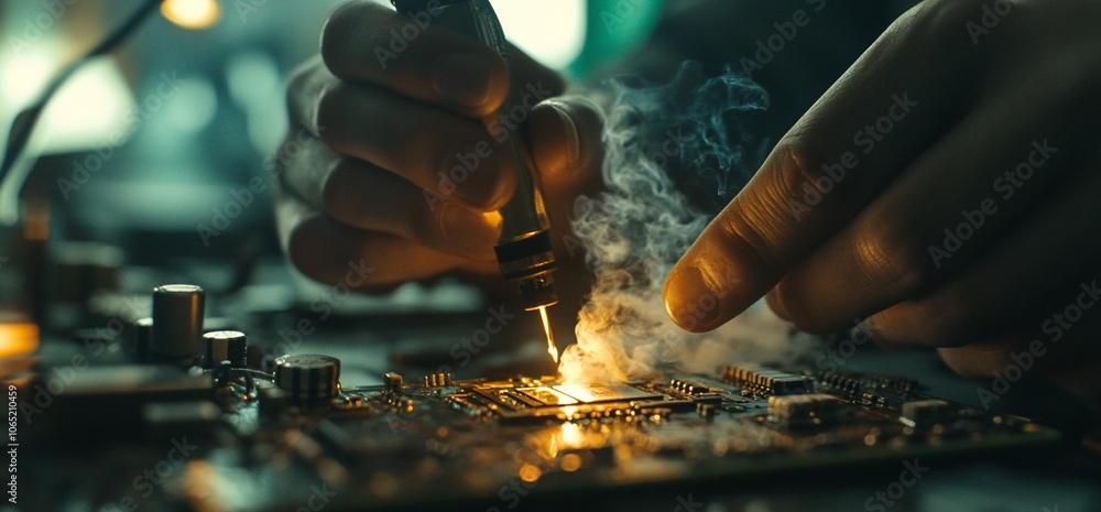 Poster close-up of hands soldering a circuit board with smoke and sparks.