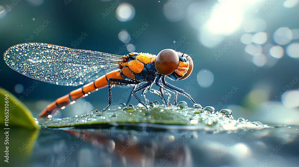 Aufkleber observe a stunning macro shot of a dragonfly's body on a leaf with fine details and water droplets i