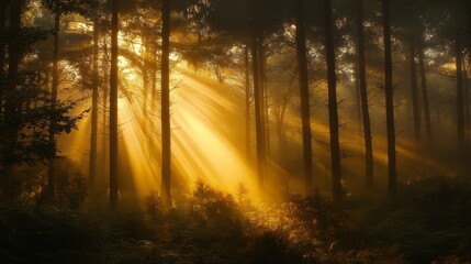 Fototapeta premium Serene Forest Sunrise with Rays of Light Streaming Through Trees