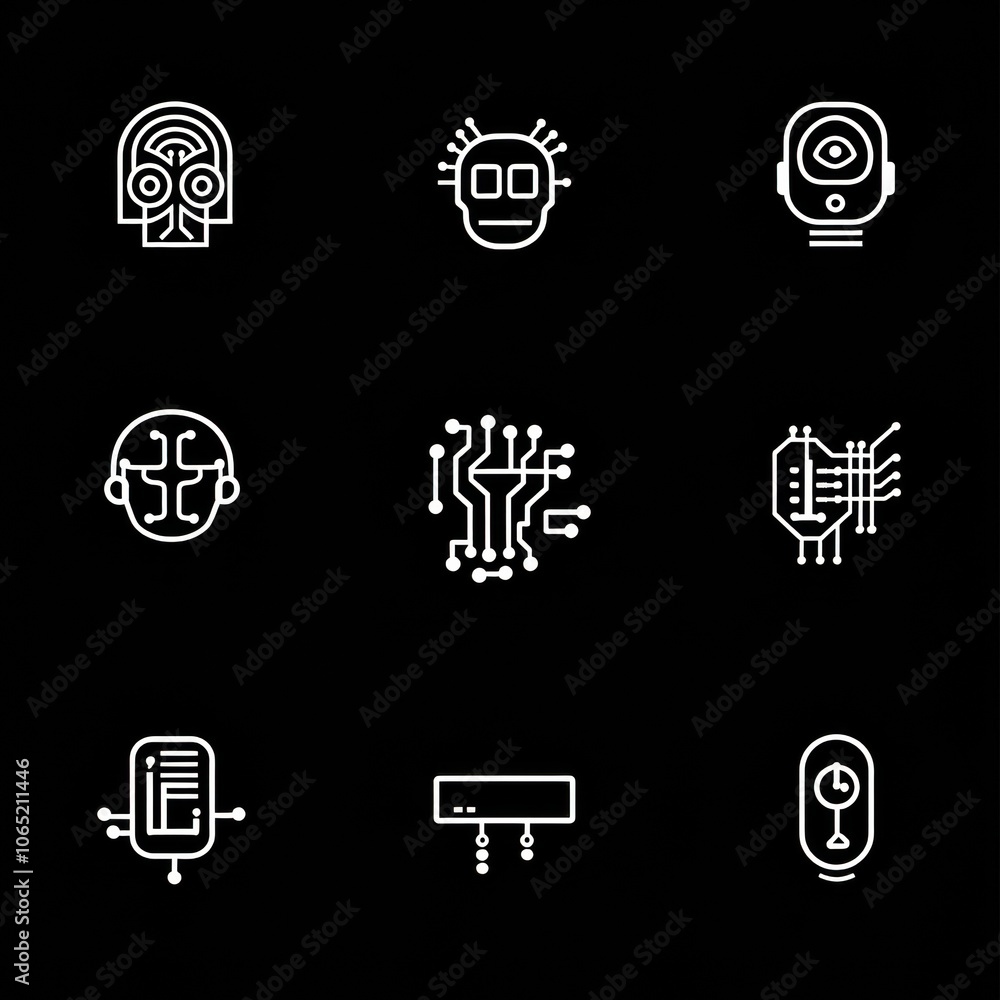Poster minimalist icons of technology and robotics on black background