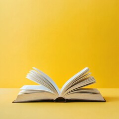 Fototapeta premium Open book with pages fanned out on a vibrant yellow background.