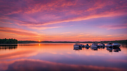 Obraz premium A serene lakeside scene during a vibrant sunset, with boats floating peacefully on the calm water, reflecting the stunning pink, orange, and purple hues of the sky.