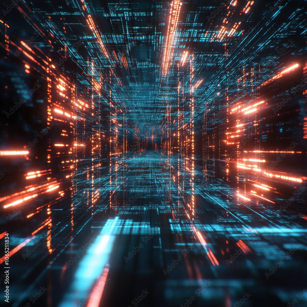 Poster futuristic digital tunnel with glowing light streaks and data flow, creating a sense of movement and