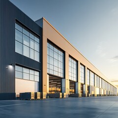 Fototapeta premium Modern industrial building with large windows reflecting sunlight, clear sky and minimalist design.