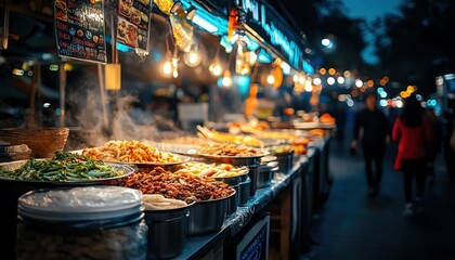 Street food serving, twilight bokeh, urban eatery vibe, focused on dish