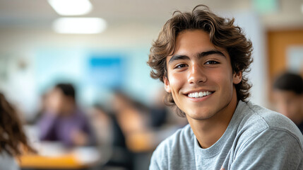 Obraz premium Student smiling at camera, classroom setting, bright natural light, focused learning