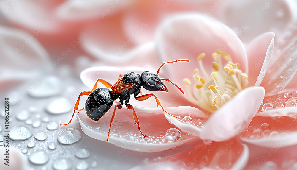 Poster capture the intricate details of a macro shot featuring an ant on a flower petal in a soft backgroun