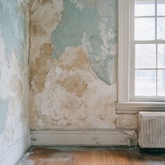 A corner of an old room with peeling paint and a vintage window.