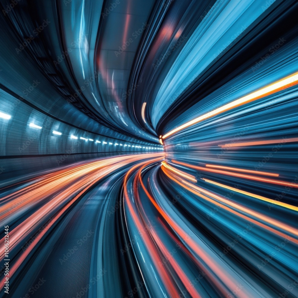 Poster dynamic motion blur of light trails in a modern tunnel environment.