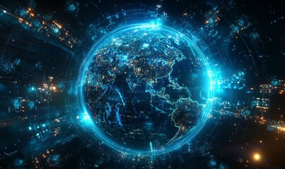 Obraz premium Digital world map planet Earth space global globe sky space 5G wireless network AI big data communication pathways science technology web internet connection transmission cyber cloud computing online