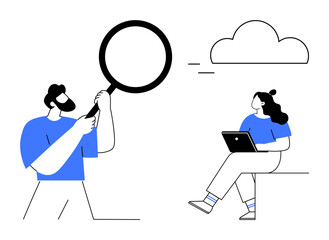 Man holding large magnifying glass. Woman sitting on bench with laptop, cloud icon in background. Ideal for technology, research, data analysis, cloud computing, teamwork, innovation, education