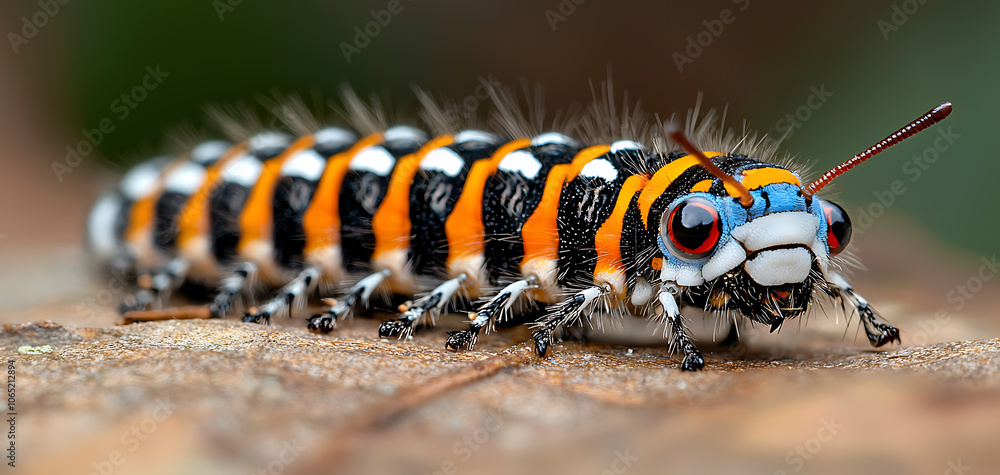 Poster explore the intricate macro shot of a caterpillar's segmented body with fine textures against a natu