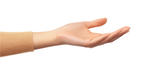 Young woman hand with fingers spread out, palm slightly curled. Close-up of female hand isolated on gray background. Empty hand gesture concept image. Transparent alpha mask.