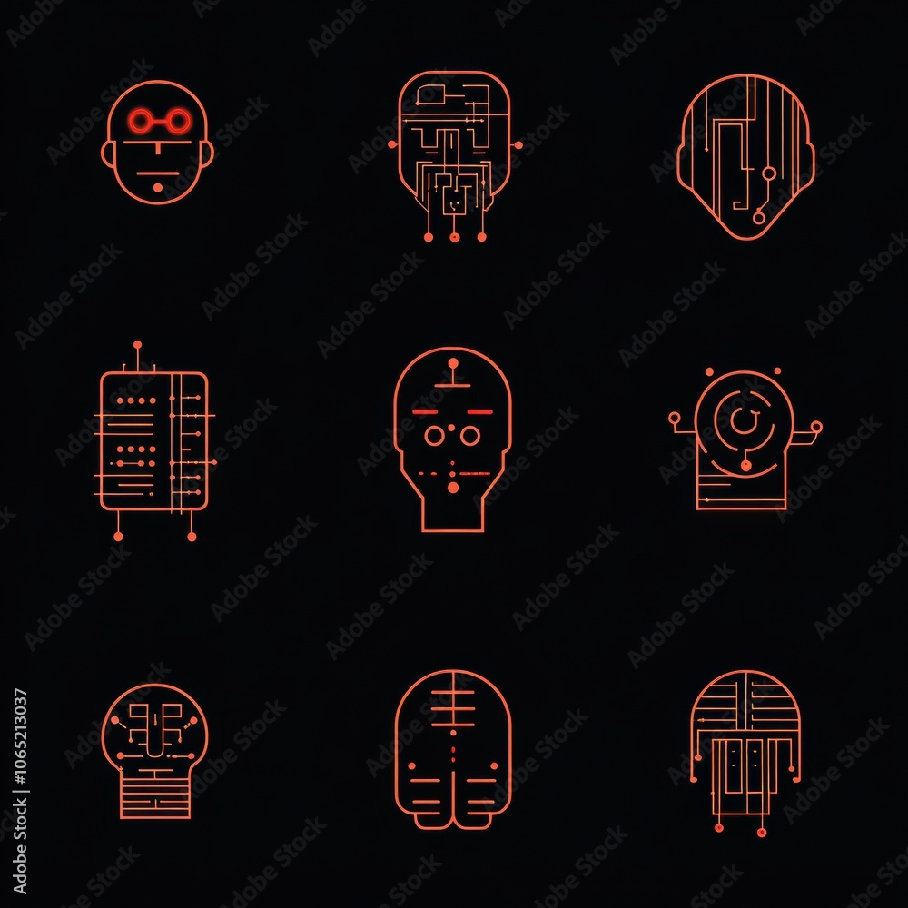 Poster abstract robot and ai icon set on black background
