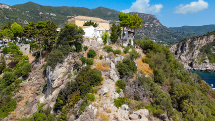 Fototapeta premium Paleokastritsa Monastery, Kerkyra, Greece. Aerial drone view.