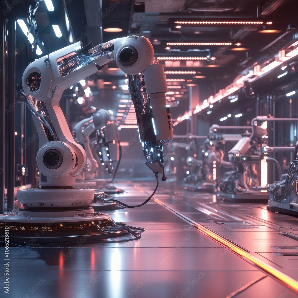 Poster advanced robotic arms lined up in a high-tech automation facility with illuminated panels.