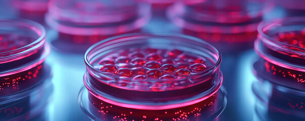 Lab grown organoids in petri dishes with red liquid, showcasing scientific research and innovation. vibrant colors highlight advanced techniques used in biotechnology