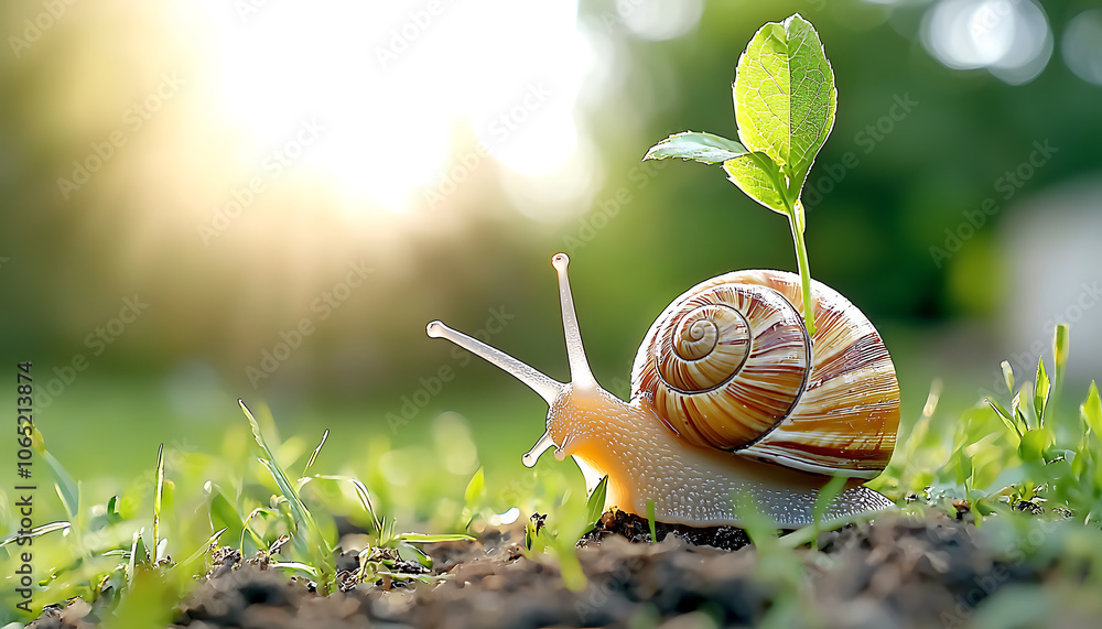 Poster explore the intricate swirls of a snail shell in a serene wildlife macro shot with lush background e