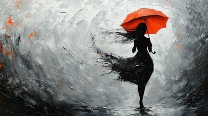 Painting of woman holding red umbrella with fluid brushwork, textured canvas, in dark orange and white tones.

