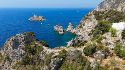 Paleokastritsa Monastery, Kerkyra, Greece. Aerial drone view.
