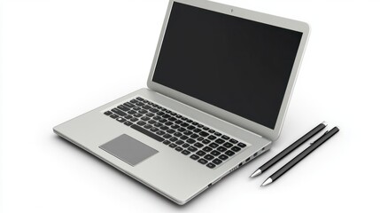 Isolated laptop, notebook, and pen on a plain background, representing modern virtual learning tools