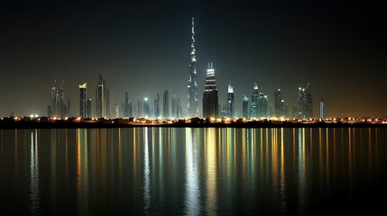 Obraz premium Nighttime view of UAE cityscape with illuminated skyscrapers, ample copy space.