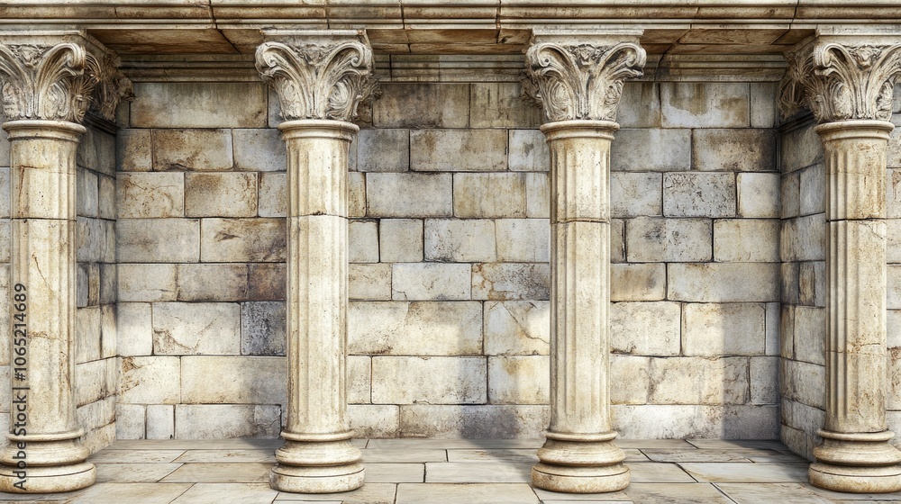 Poster old stone facade with decorative columns, open background for text.