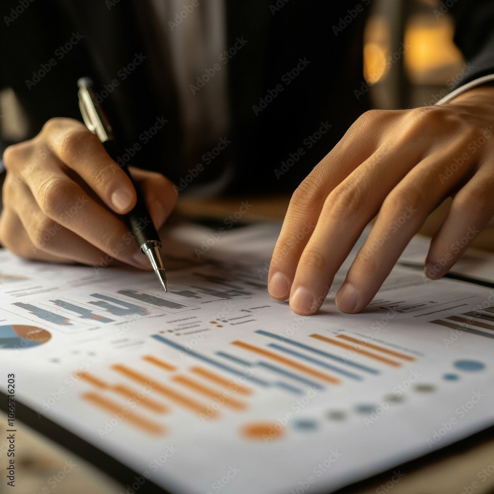 Poster businessman analyzing financial reports with graphs and charts on a desk.